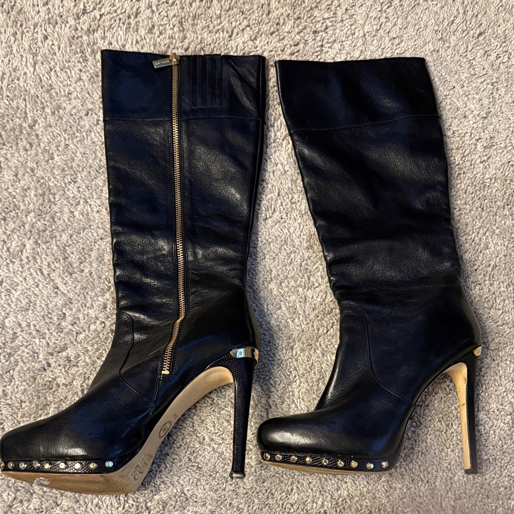MICHAEL Michael Kors Black Heeled Boots with Gold Accents